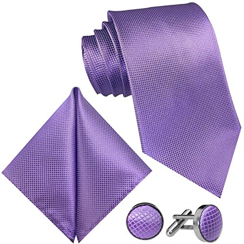 GASSANI 10cm Breite Herrenkrawatte Krawattenset Violette Karo-Muster, Schmale Skinny Slim Hochzeitskrawatte Herrenschlips Einstecktuch Manschettenknöpfe von GASSANI