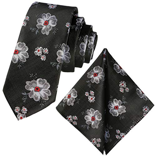 GASSANI 2-SET Krawattenset, Schmale Schwarze Extra Lange Herren-Krawatte Geblümt, 6cm Dünne Jacquard Hochzeitskrawatte Einstecktuch, Bräutigam von GASSANI