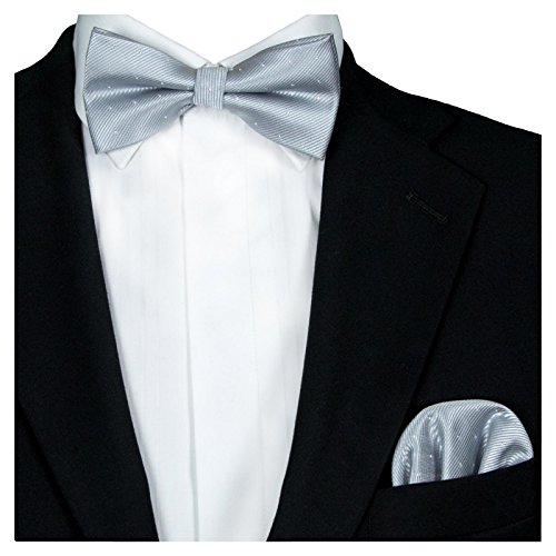 GASSANI 2Tlg Fliegenset, Festliche Hell-Graue Herren-Fliege Silber Gepunktet, Hochzeitsfliege Anzug-Schleife Vor-Gebunden Ein-Stecktuch Vorgefaltet von GASSANI