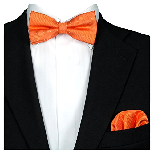 GASSANI 2Tlg Fliegenset, Festliche Orangene Herren-Fliege Silber Gepunktet, Hochzeitsfliege Anzug-Schleife Vor-Gebunden Ein-Stecktuch Vorgefaltet von GASSANI