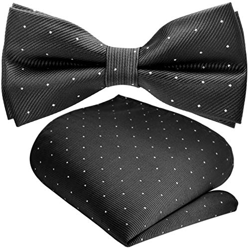 GASSANI 2Tlg Fliegenset, Festliche Schwarze Herren-Fliege Silber Gepunktet, Hochzeitsfliege Anzug-Schleife Vor-Gebunden Ein-Stecktuch Pünktchen von GASSANI