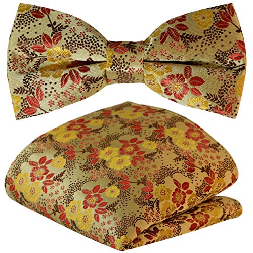 GASSANI 2Tlg Fliegenset, Goldene Jacquard Herren-Fliege Vintage Rosen Geblümt, Hochzeitsfliege Anzug-Schleife Vorgebunden, Ein-Stecktuch Taschentuch von GASSANI