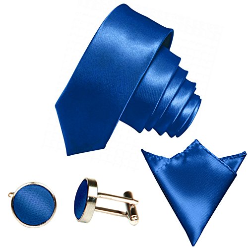 GASSANI 3Tlg Krawatten-Set, 6Cm Skinny Schmale Royal-Blaue Herren-Krawatte Dünn Manschettenknöpfe Ein-Stecktuch, Bräutigam Hochzeitskrawatte Glänzend von GASSANI