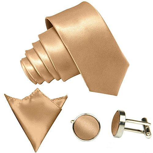 GASSANI 3-SET Krawattenset, 8,5Cm Breite Beigene Herren-Krawatte Schmal Manschettenknöpfe Ein-Stecktuch, Bräutigam Hochzeitskrawatte Glänzend von GASSANI