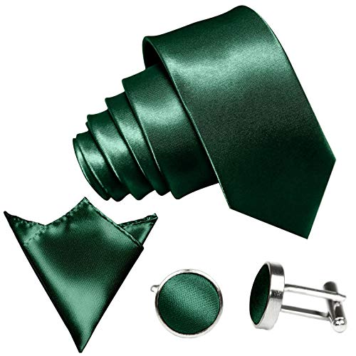 GASSANI 3-SET Krawattenset, 8,5Cm Breite Dunkel-Gruene Herren-Krawatte Schmal Manschettenknöpfe Ein-Stecktuch, Bräutigam Hochzeitskrawatte Glänzend von GASSANI