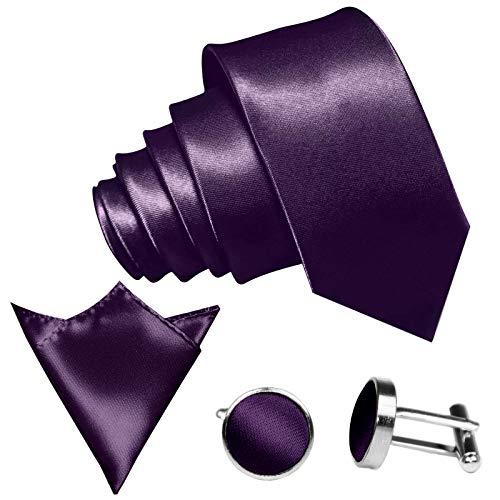 GASSANI 3-SET Krawattenset, 8,5Cm Breite Lilane Violette Herren-Krawatte Schmal Manschettenknöpfe Ein-Stecktuch, Bräutigam Hochzeitskrawatte Glänzend von GASSANI