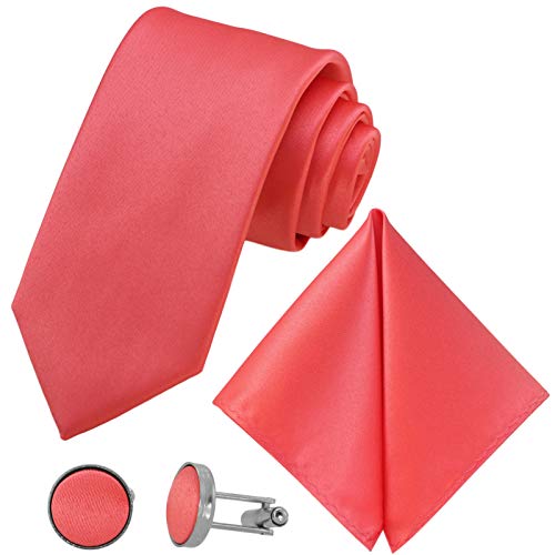 GASSANI 3-SET Krawattenset 8cm Breit, Lange Coral-Rote Herren-Krawatte Manschettenknöpfe Einstecktuch, Hochzeitskrawatte Bräutigam Schmal Extra-Lang von GASSANI