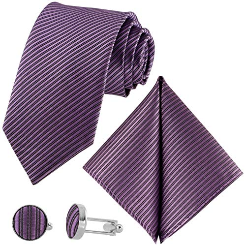 GASSANI 3-SET Violette Krawatte Streifen gestreift | Binder Lila Manschettenknöpfe Einstecktuch | Krawattenset zum Anzug Seide-Optik von GASSANI