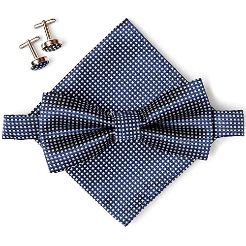 GASSANI 3-Set Fliegenset, Dunkel-Blaue Karierte Herren-Fliege Einstecktuch Manschettenknöpfe, Bräutigam Hochzeitsfliege Anzug-Schleife Taschentuch von GASSANI