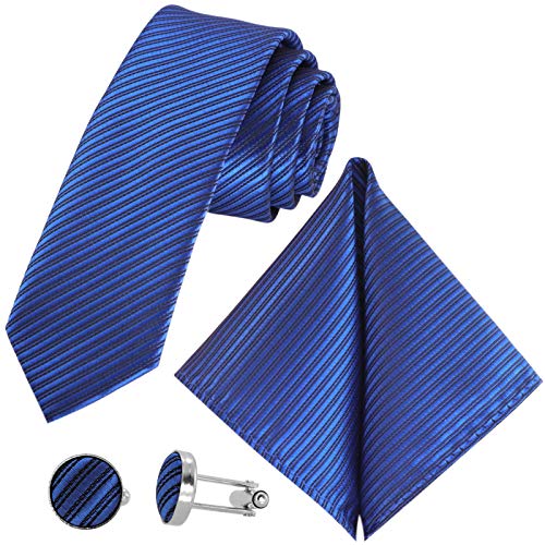 GASSANI 3-Set Krawattenset, Blaue Schmale Dünne 5Cm Business-Krawatte Gestreift zu Hemd Sakko Anzug, Herrenschlips Einstecktuch Manschettenknöpfe von GASSANI