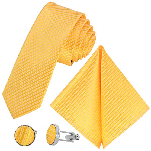 GASSANI 3-Set Krawattenset, Gelbe Schmale Dünne 5Cm Business-Krawatte Gestreift zu Hemd Sakko Anzug, Herrenschlips Einstecktuch Manschettenknöpfe von GASSANI