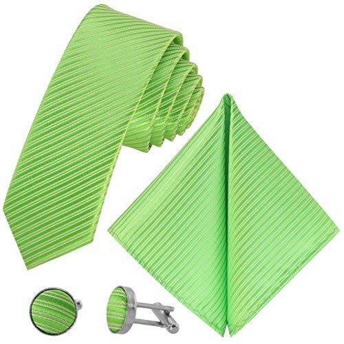 GASSANI 3-Set Krawattenset, Grüne Schmale Dünne 5Cm Business-Krawatte Gestreift zu Hemd Sakko Anzug, Herrenschlips Einstecktuch Manschettenknöpfe von GASSANI