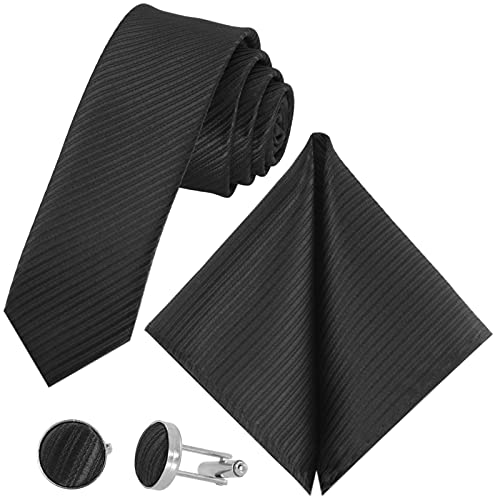 GASSANI 3-Set Krawattenset, Schwarze Schmale Dünne 5Cm Business-Krawatte Gestreift zu Hemd Sakko Anzug, Herrenschlips Einstecktuch Manschettenknöpfe von GASSANI