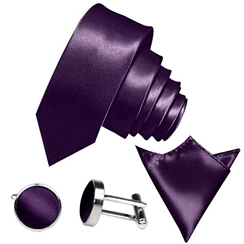 GASSANI 3Tlg Krawatten-Set, 6Cm Skinny Schmale Lilane Violette Herren-Krawatte Dünn Manschettenknöpfe Ein-Stecktuch, Bräutigam Hochzeitskrawatte Glänzend von GASSANI