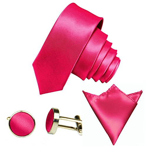 GASSANI 3Tlg Krawatten-Set, 6Cm Skinny Schmale Pinke Rosane Herren-Krawatte Dünn Manschettenknöpfe Ein-Stecktuch, Bräutigam Hochzeitskrawatte Glänzend von GASSANI