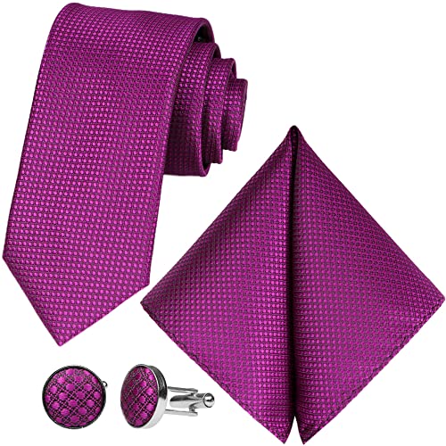 GASSANI 8 Cm Schmale Fuchsia-Pink Herrenkrawatte Karo Punkte Struktur Extra-Lang, Hochzeitskrawatte, Krawatten-Set Herrenschlips Einstecktuch Manschettenknöpfe von GASSANI