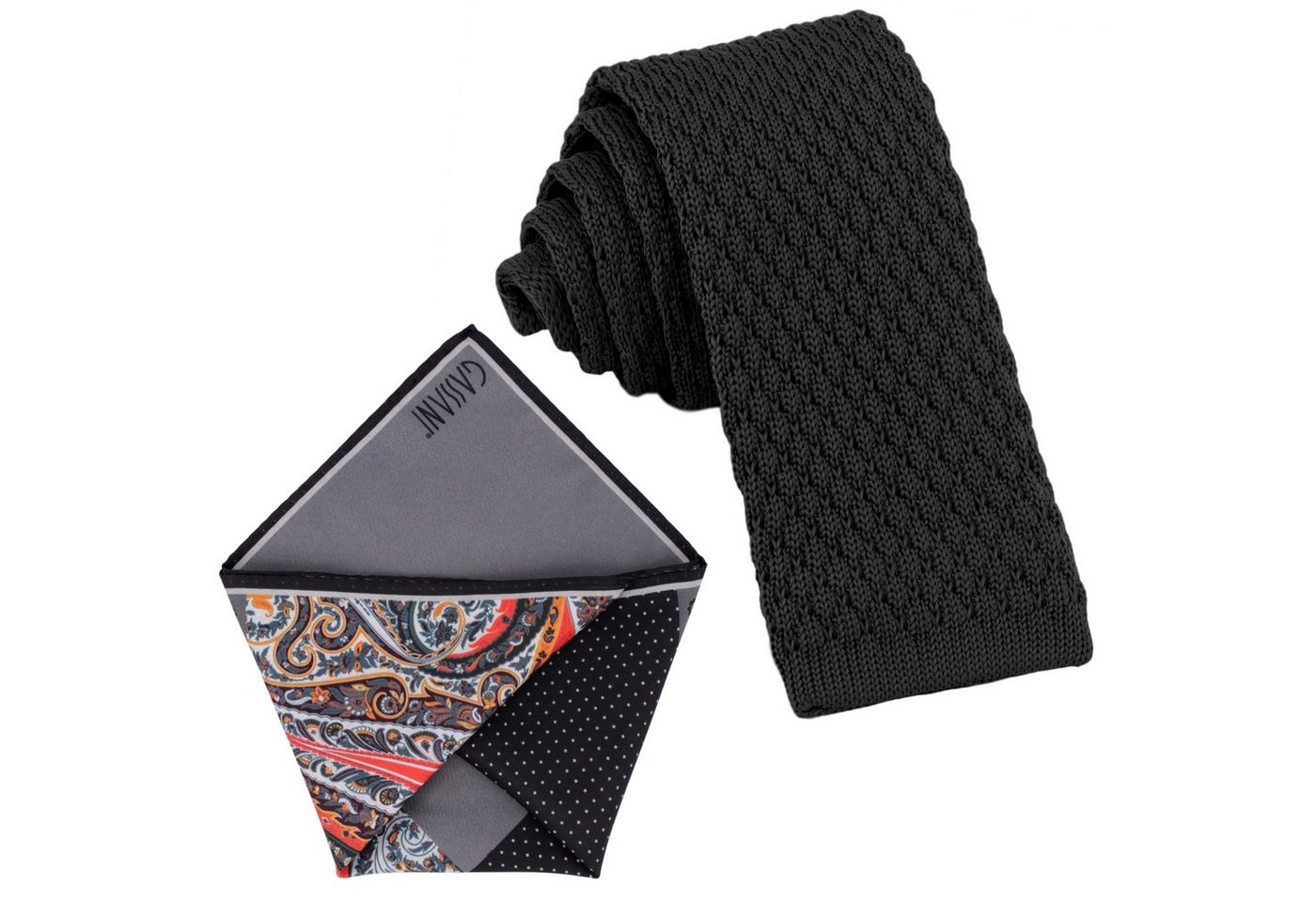 GASSANI Krawatte Herren-Krawatte Strick-Krawatte Uni, z. Anzug Schmal Slim, Rhomben (Set, 2-St., Skinny Tie, Wollkrawatte, Gestrickt, mit 4-Design, Einstecktuch, Paisley, Gemustert, Punkte, Gepunktet) Woll-Schlips Kavalierstuch Dots Pünktchen Rauten Blumen, Seide Touch von GASSANI