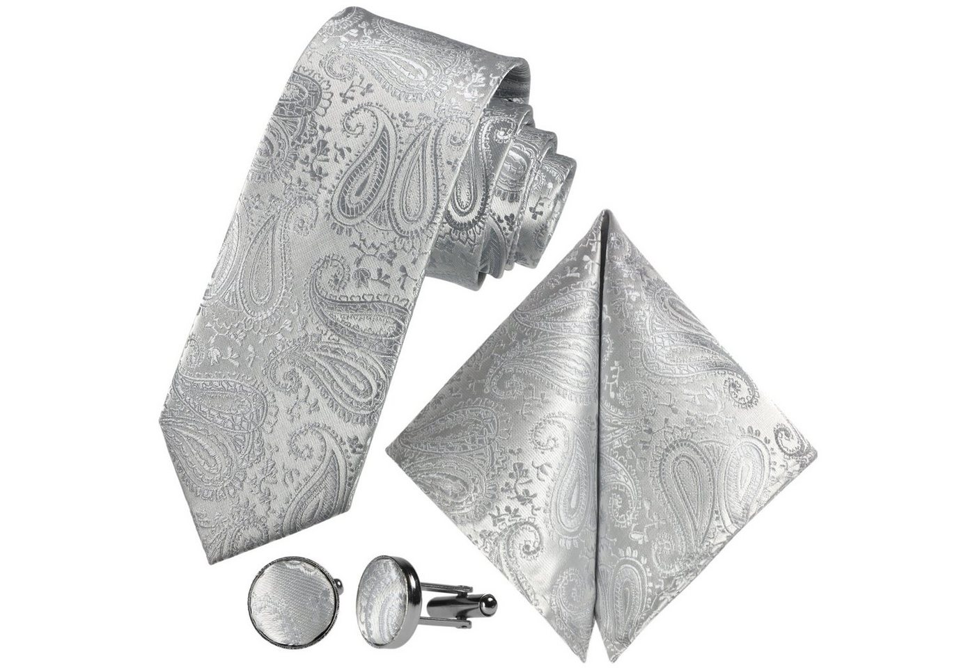 GASSANI Krawatte Hochzeitskrawatte Paisley Festlich, Herren-Krawatte Hochzeit Schlips (Set, 3-St., Krawattenset, Einstecktuch, Manschettenknöpfe) Dünn, Schmal, Slim Tie, Satin Jacquard Floral Gemustert, Seide-Touch von GASSANI