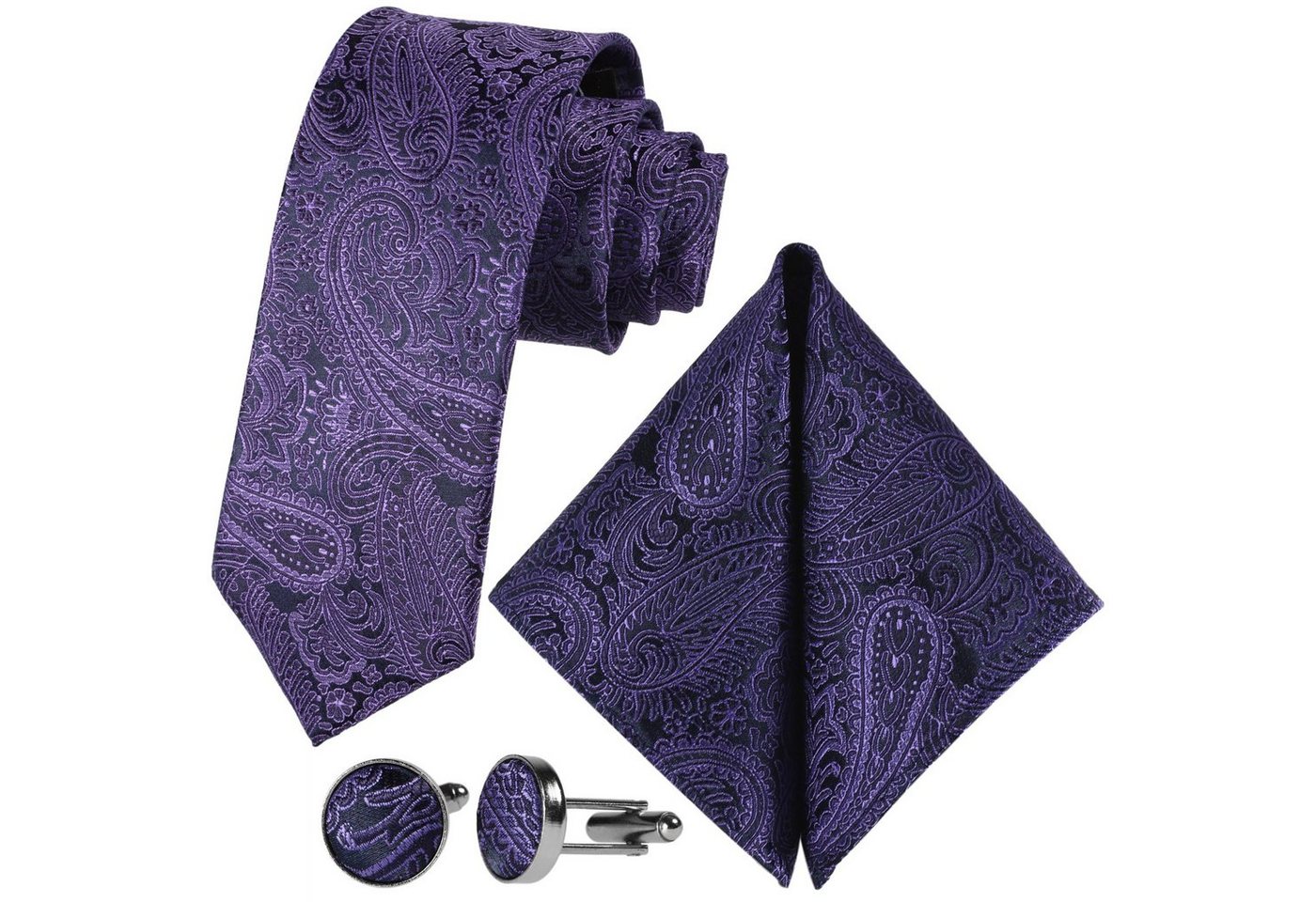 GASSANI Krawatte Hochzeitskrawatte Paisley Festlich, Herren-Krawatte Hochzeit Schlips (Set, 3-St., Krawattenset, Einstecktuch, Manschettenknöpfe) Dünn, Schmal, Slim Tie, Satin Jacquard Floral Gemustert, Seide-Touch von GASSANI