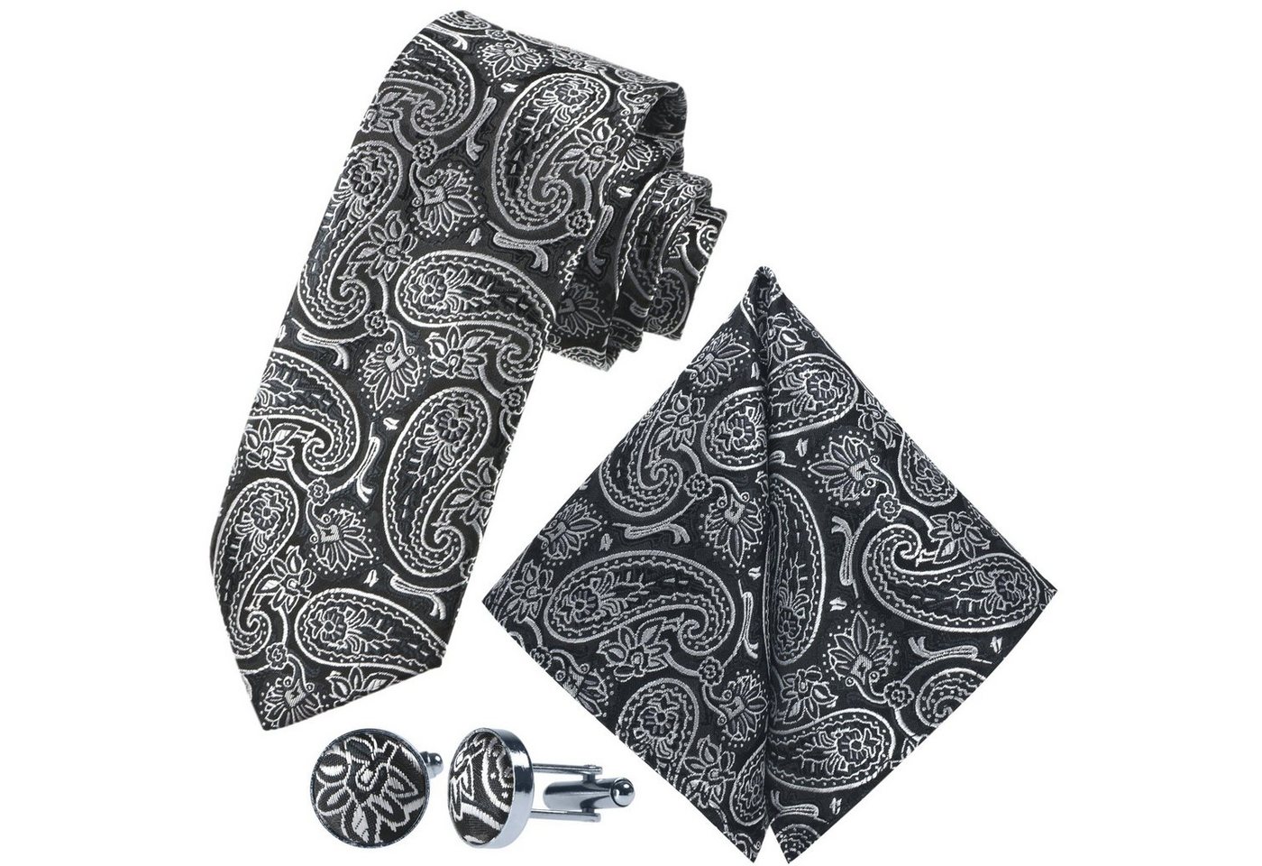 GASSANI Krawatte Hochzeitskrawatte Paisley Festlich, Herren-Krawatte Hochzeit Schlips (Set, 3-St., Krawattenset, Einstecktuch, Manschettenknöpfe) Dünn, Schmal, Slim Tie, Satin Jacquard Floral Gemustert, Seide-Touch von GASSANI