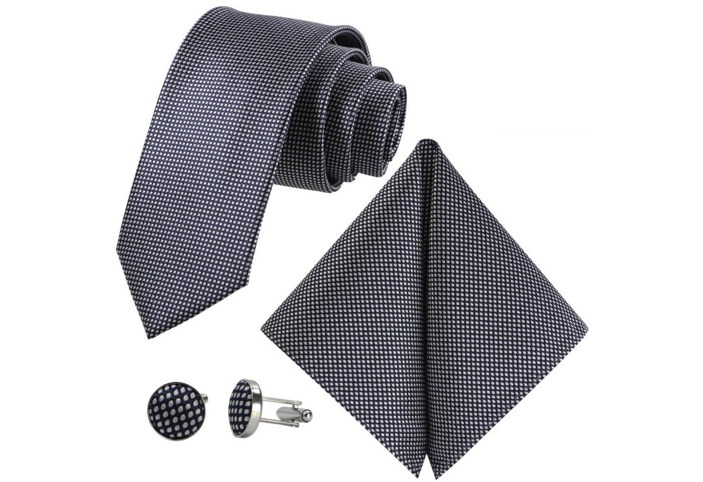 GASSANI Krawatte Hochzeitskrawatte Tuch Festlich Schmal, Karo Herren-Schlips Business (Set, 3-St., Krawattenset, mit Einstecktuch, Manschettenknöpfe) Kariert, Gepunktet, Punkte, Dots, Tupfen, Grid Struktur, Seide-Touch von GASSANI