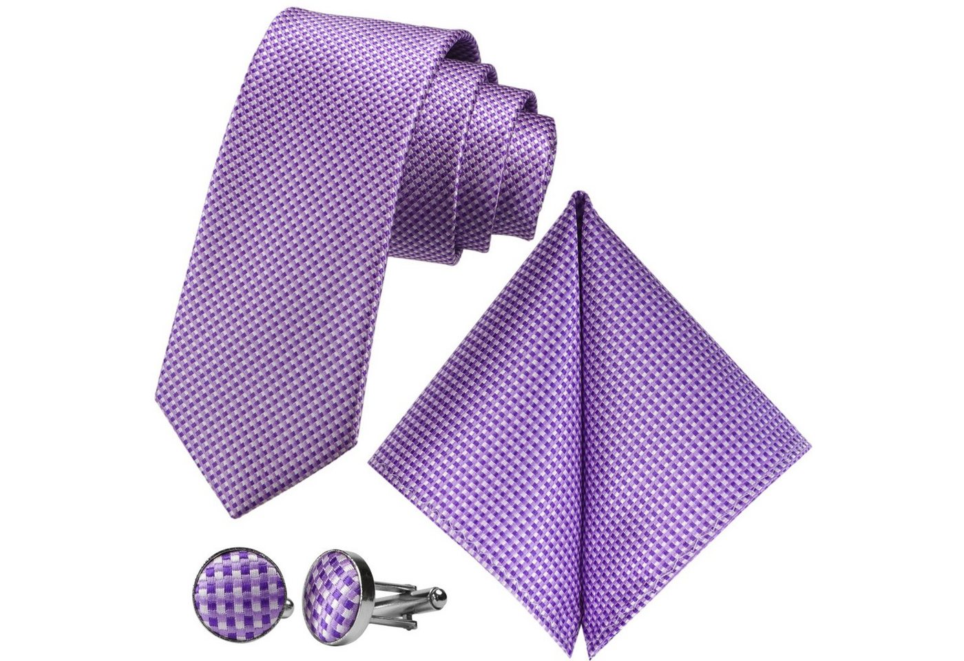 GASSANI Krawatte Karo Hochzeitskrawatte Tuch Festlich Schmal, Herren-Schlips Business (Set, 3-St., Krawattenset, mit Einstecktuch, Manschettenknöpfe) Kariert, Gepunktet, Punkte, Dots, Tupfen, Grid Struktur, Seide-Touch von GASSANI