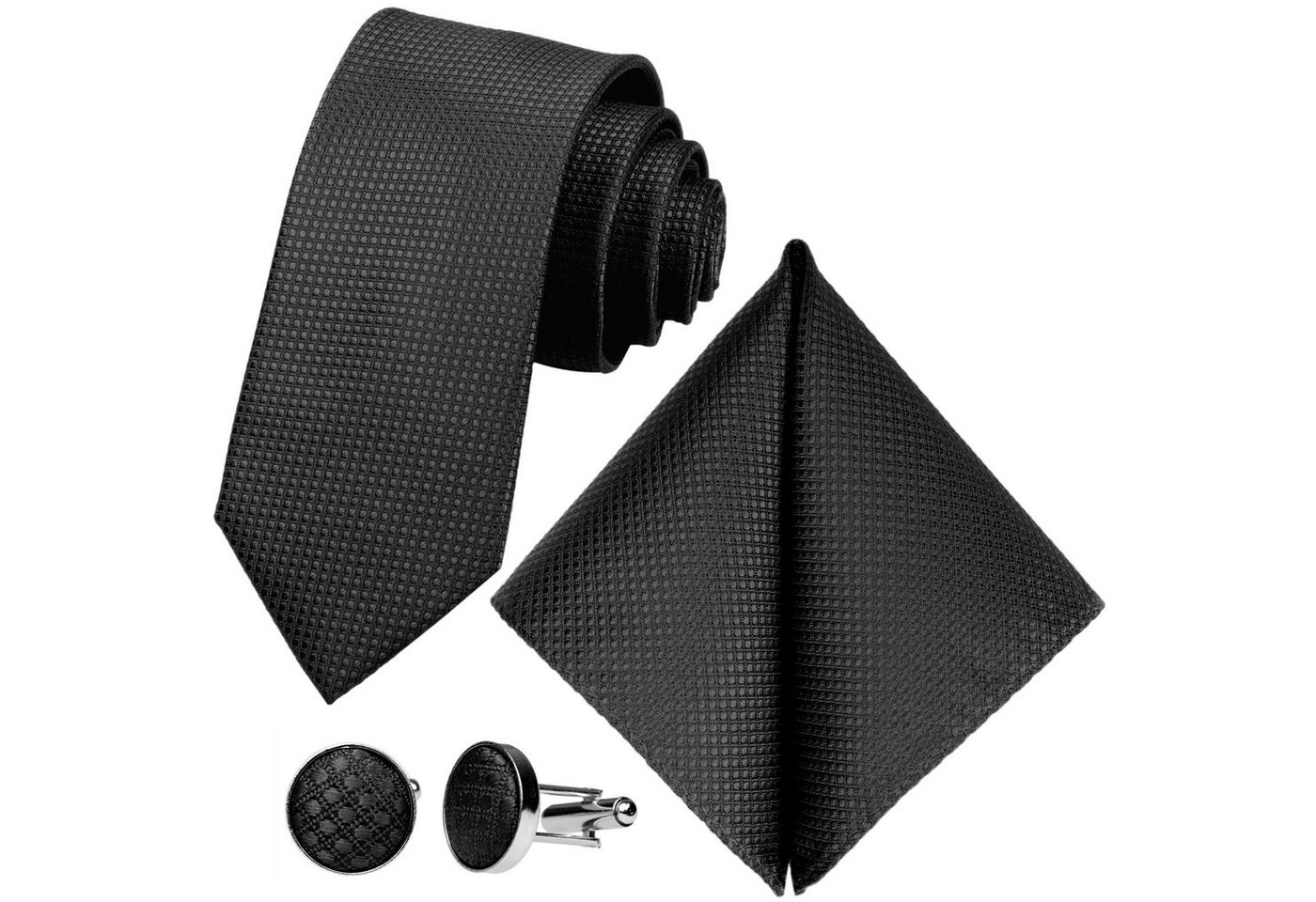 GASSANI Krawatte Karo Hochzeitskrawatte Tuch Festlich Schmal, Herren-Schlips Business (Set, 3-St., Uni, Einfarbig, Krawattenset, mit Einstecktuch, Manschettenknöpfe) Kariert, Gepunktet, Punkte, Dots, Grid Struktur, Matt Seide-Touch von GASSANI