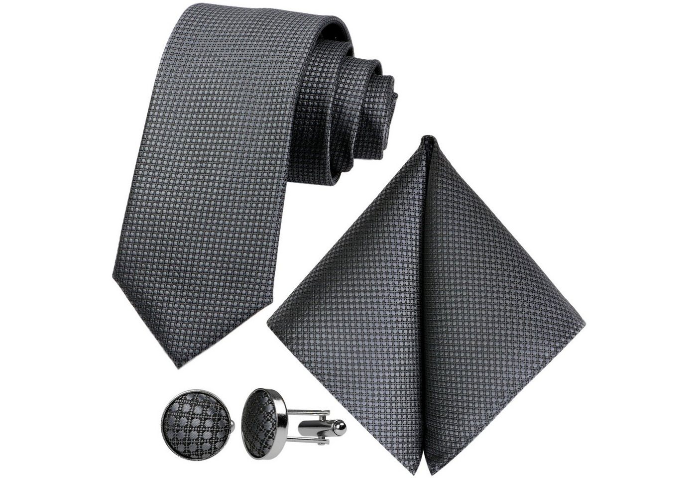 GASSANI Krawatte Karo Hochzeitskrawatte Tuch Festlich Schmal, Herren-Schlips Business (Set, 3-St., Uni, Einfarbig, Krawattenset, mit Einstecktuch, Manschettenknöpfe) Kariert, Gepunktet, Punkte, Dots, Grid Struktur, Matt Seide-Touch von GASSANI