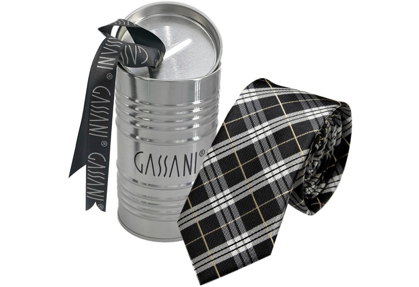 GASSANI Krawatte Slim Karo Herren-Schlips Schmal zum Anzug Sakko (Set, 2-St., Businesskrawatte, Kariert mit Feinen Streifen, Schotten-Karo, Glencheck-Design, Tartan, Plaid, Karomuster, inkl Geschenkverpackung) Retro Männer Binder, In Geschenk-Box Dose Blech-Spardose, Seide-Touch von GASSANI