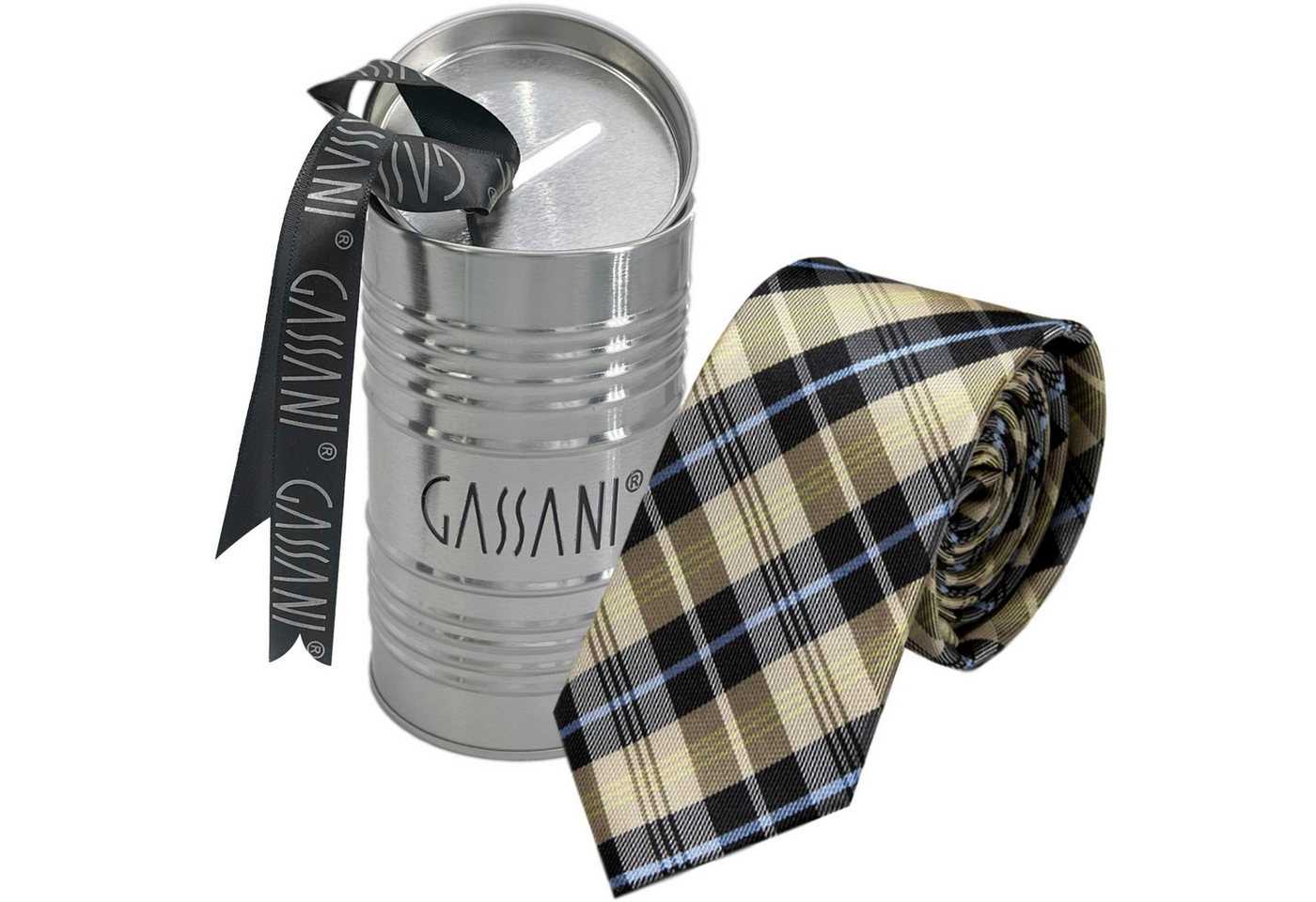 GASSANI Krawatte Slim Karo Herren-Schlips Schmal zum Anzug Sakko (Set, 2-St., Businesskrawatte, Kariert mit Feinen Streifen, Schotten-Karo, Glencheck-Design, Tartan, Plaid, Karomuster, inkl Geschenkverpackung) Retro Männer Binder, In Geschenk-Box Dose Blech-Spardose, Seide-Touch von GASSANI