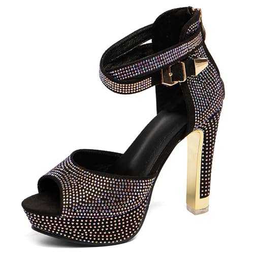 GATUXUS Damen Blockabsatz High Heels Sandalen mit Strass Offene Zehen Knöchelriemen Plateau Hochzeit Elegante Schuhe, Schwarz, 37.5 EU von GATUXUS