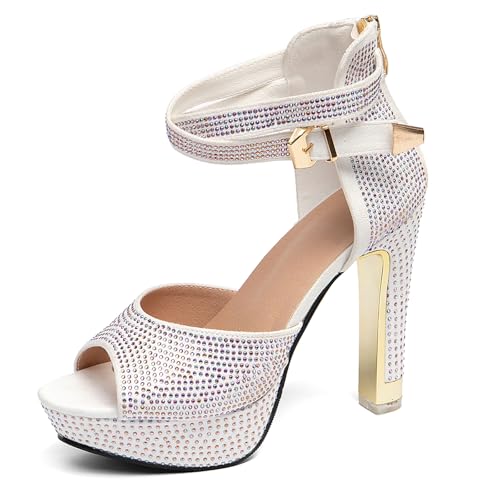 GATUXUS Damen Blockabsatz High Heels Sandalen mit Strass Offene Zehen Knöchelriemen Plateau Hochzeit Elegante Schuhe, Weiss/opulenter Garten, 37.5 EU von GATUXUS