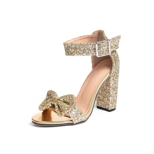 GATUXUS Damen Chunky High Heels Sandalen Glitzer Schleife Offene Zehen Knöchelriemen Blockabsatz Kleid Schuhe, Gold, 37.5 EU von GATUXUS