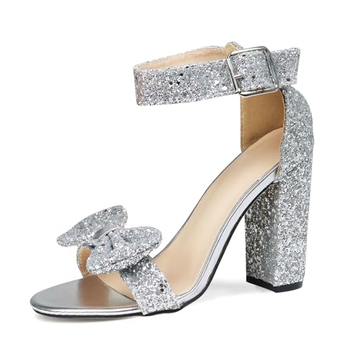 GATUXUS Damen Chunky High Heels Sandalen Glitzer Schleife Offene Zehen Knöchelriemen Blockabsatz Kleid Schuhe, silber, 36 EU von GATUXUS