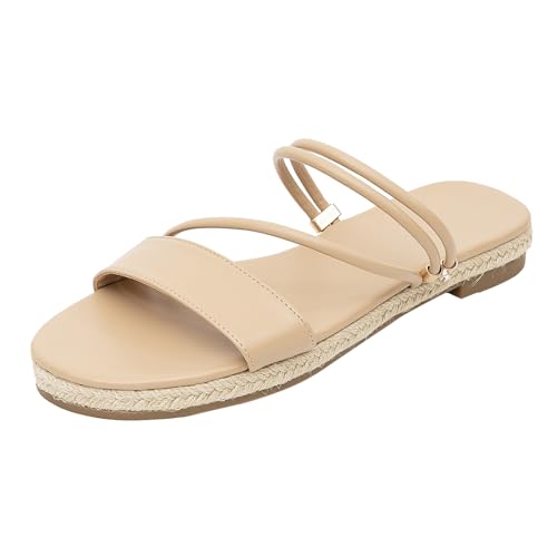 GATUXUS Damen Espadrilles Slip On Flats Sandalen Peep Toe Slides Slingback Bast-Sandalen Sommer Strandschuhe, Beige, 36 EU von GATUXUS