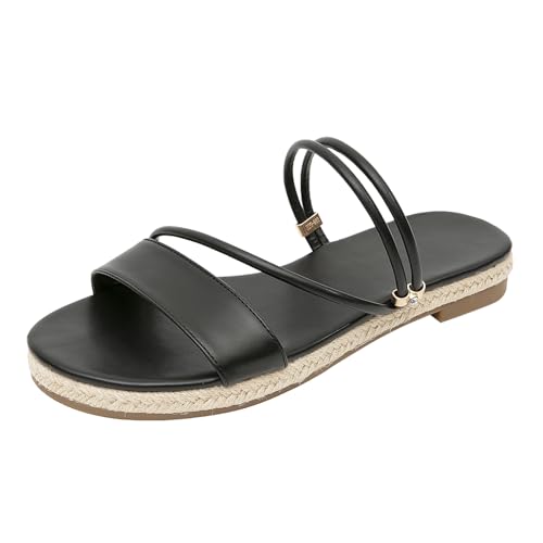 GATUXUS Damen Espadrilles Slip On Flats Sandalen Peep Toe Slides Slingback Bast-Sandalen Sommer Strandschuhe, Schwarz, 40 EU von GATUXUS