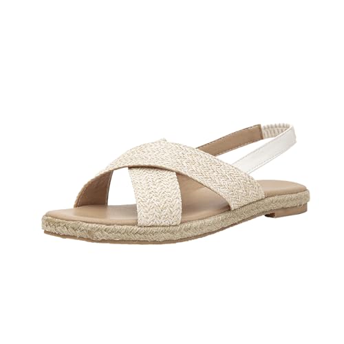GATUXUS Damen Geflochtene flache Sandalen Slingback Open Toe Plateau Espadrille Sandalen Strand Outdoor Schuhe Sommer, Elfenbein, 36 EU von GATUXUS