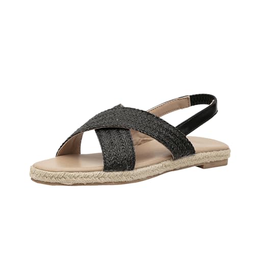 GATUXUS Damen Geflochtene flache Sandalen Slingback Open Toe Plateau Espadrille Sandalen Strand Outdoor Schuhe Sommer, Schwarz, 41 EU von GATUXUS