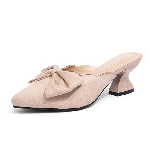 GATUXUS Damen Kitten Low Heels Schleife Pantoletten Sandalen Spitz Zehen Slides Rückenfrei Kleid Sommerschuhe Bequem, Beige, 36 EU von GATUXUS