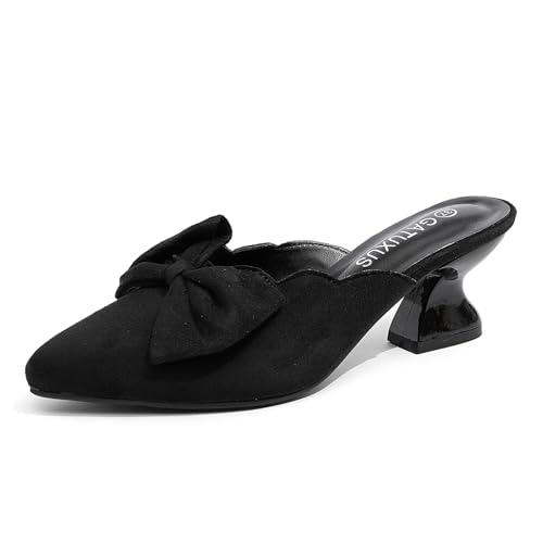 GATUXUS Damen Kitten Low Heels Schleife Pantoletten Sandalen Spitz Zehen Slides Rückenfrei Kleid Sommerschuhe Bequem, Schwarz, 39.5 EU von GATUXUS