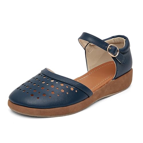 GATUXUS Damen Niedriger Keilabsatz Knöchelriemen Schnalle Flache Schuhe Geschlossene Zehen Römische Käfig Cusual Flache Sandalen, Marineblau, 41 EU von GATUXUS