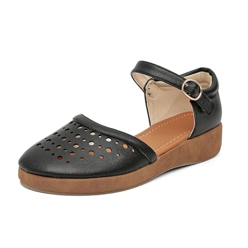 GATUXUS Damen Niedriger Keilabsatz Knöchelriemen Schnalle Flache Schuhe Geschlossene Zehen Römische Käfig Cusual Flache Sandalen, Schwarz, 37.5 EU von GATUXUS
