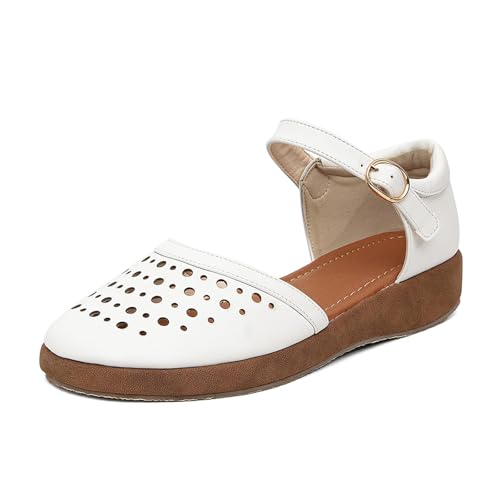GATUXUS Damen Niedriger Keilabsatz Knöchelriemen Schnalle Flache Schuhe Geschlossene Zehen Römische Käfig Cusual Flache Sandalen, Weiss/opulenter Garten, 39.5 EU von GATUXUS