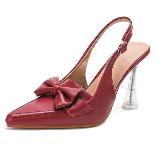 GATUXUS Damen Slingback Clear Kitten Heels Schleife Pumps Geschlossene Spitze Zehen High Heels Sandalen Hochzeit Casual Kleid Schuhe, Rot/Ausflug, einfarbig (Getaway Solids), 39.5 EU von GATUXUS