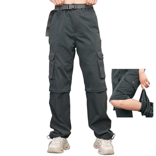 GAUASUIM Damen Wanderhose Zip Off Hose Outdoorhose Schnelltrocknend Trekkinghose Abnehmbare Hosenbeine Shorts Atmungsaktiv Cargohose Sommer Hiking Pants Funktionshose mit Gürtel 6 Taschen Grau L von GAUASUIM
