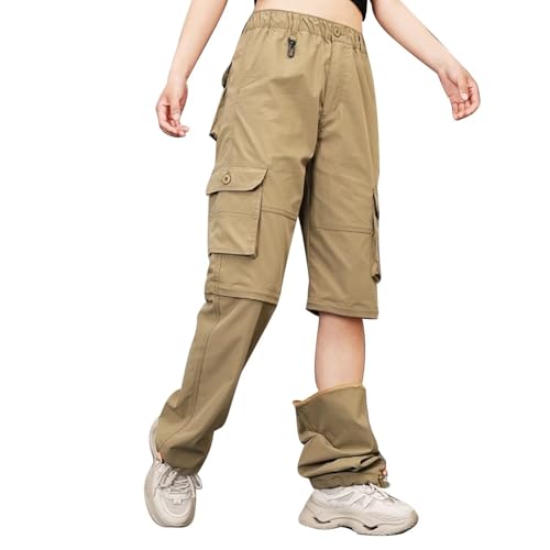 GAUASUIM Damen Wanderhose Zip Off Hose Outdoorhose Schnelltrocknend Trekkinghose Abnehmbare Hosenbeine Shorts Atmungsaktiv Cargohose Sommer Hiking Pants Funktionshose mit Gürtel 6 Taschen Khaki L von GAUASUIM