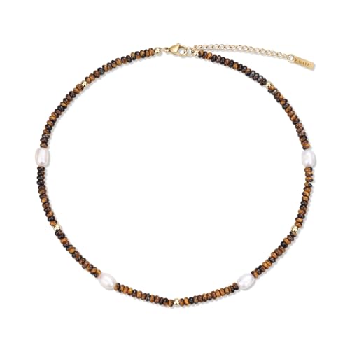 GAVU Boho Perlenkette mit Tigerauge und natürlichen weißen Süßwasserperlen Halskette für Damen von GAVU