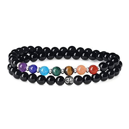 GAVU Damen 7 Chakren Armband OM Charm Kristall Perlenarmband aus Schörl Größe L von GAVU