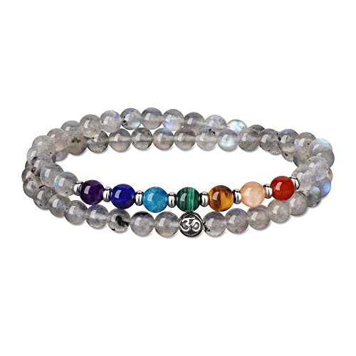 GAVU Damen 7 Chakren Armband OM Charm Kristall Perlenarmband aus Labradorit Größe S von GAVU