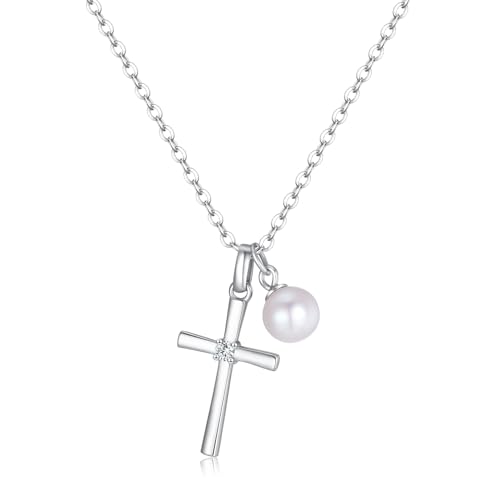 GAVU Damen Kreuz Halskette 925 Stering Silber mit Perlen Anhänger Weiße Gebetsketten für Frauen von GAVU